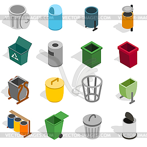 Набор иконок для мусорной корзины, изометрическая 3d стиль - изображение в векторе