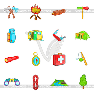 Camping icons set, cartoon style - vector image