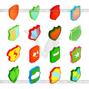 Shield icons set in isometric 3d style - vector clipart