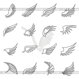 Набор иконок крыла, стиль контура - векторизованное изображение клипарта