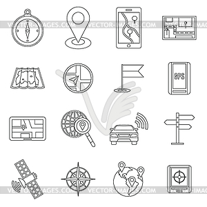 Navigation icons set, outline ctyle - vector image