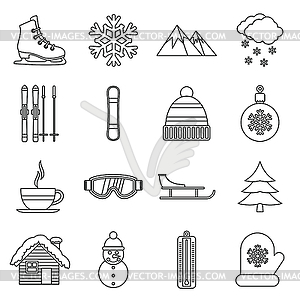 Winter icons set, outline style - vector image