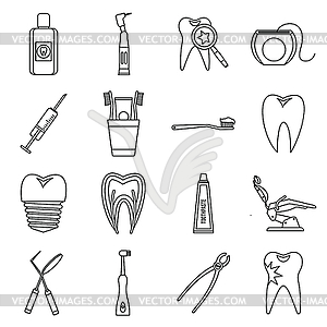 Набор иконок стоматологической помощи, стиль контура - векторное изображение EPS