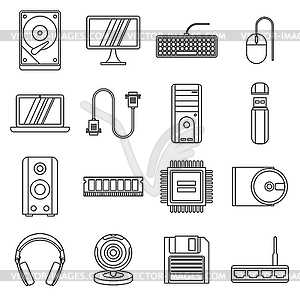 Computer icons set, outline style - vector clipart