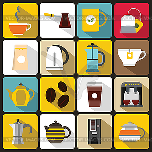 Tea and coffee icons set, flat style - vector clipart