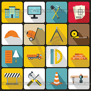 Construction icons set, flat style - vector clip art