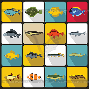 Cute fish icons set, flat style - vector image