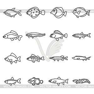 Cute fish icons set, outline style - vector image