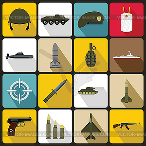 Military icons set, flat style - royalty-free vector image