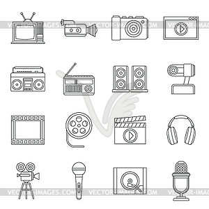 Audio and video icons set, outline style - vector image