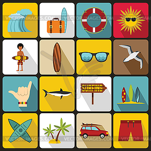 Surfing icons set, flat style - vector clipart