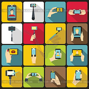 Selfie icons set, flat style - vector clip art