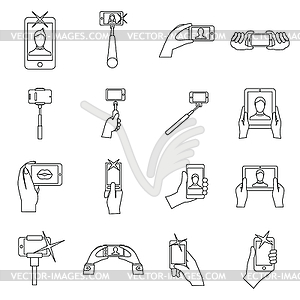 Selfie icons set, outline style - vector image