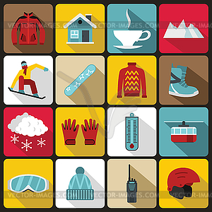 Snowboarding icons set, flat style - vector image