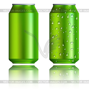 Green aluminum cans with drops, realistic style - vector clipart