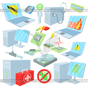 Computer repair icons set, cartoon style - vector clipart