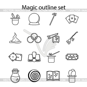 Набор магических иконок, стиль контура - иллюстрация в векторе