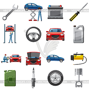 Car service icons set in cartoon style - vector clipart