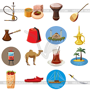 Turkey travel icons set, cartoon style - vector image