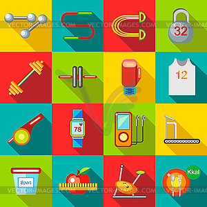 Gym icons set, flat style - vector clip art