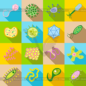 Germ and pathogen icons set, flat style - vector image