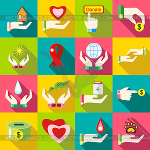 Charity icons set, flat style - vector clipart