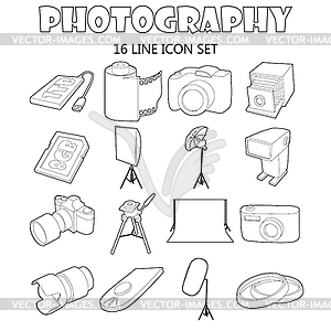 Набор иконок фотографии, стиль контура - черно-белый векторный клипарт