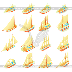 Sailing ship icons set, cartoon style - vector image