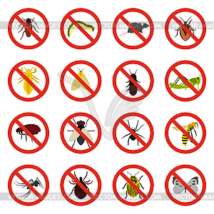 No insect sign icons set, flat style - vector image