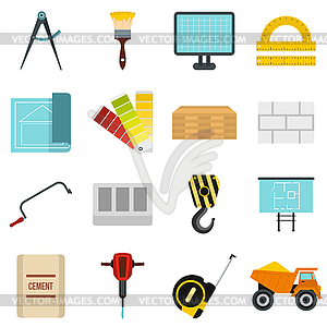 Construction icons set, flat style - vector image