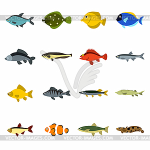 Fish icons set, flat style - vector clipart