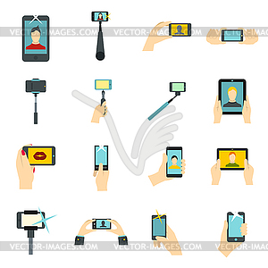 Selfie icons set, flat style - vector clip art