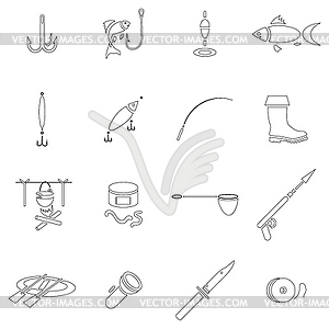 Fishing icon set, outline style - vector image