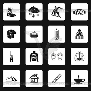 Snowboarding icons set, simple style - vector image