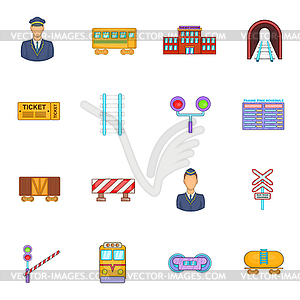 Railway icons set, cartoon style - vector clip art