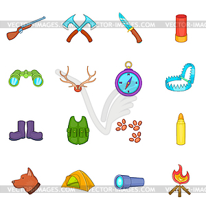 Hunting icons set, cartoon style - vector clipart