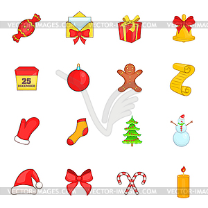 Christmas icons set in cartoon style - vector image