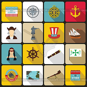 Columbus Day icons set, flat style - vector clipart