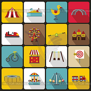 Amusement park icons set, flat style - vector clip art