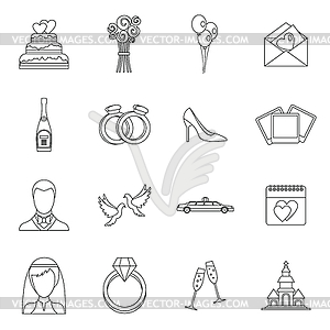 Wedding icons set, outline style - vector clipart