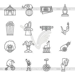 Circus entertainment icons set, outline style - vector image