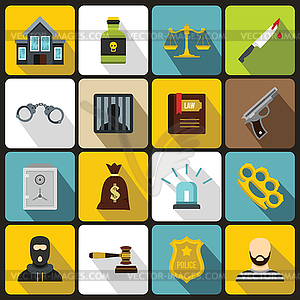 Crime and punishment icons set, flat style - vector image
