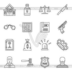 Crime and punishment icons set, outline style - vector clipart