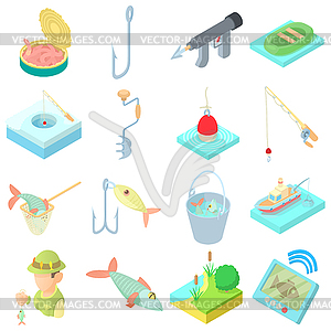 Fishing icons set in cartoon style - vector clipart