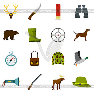 Hunting icons set in flat style - vector clipart