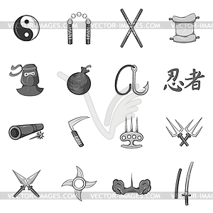 Ninja icons set, black monochrome style - vector clip art