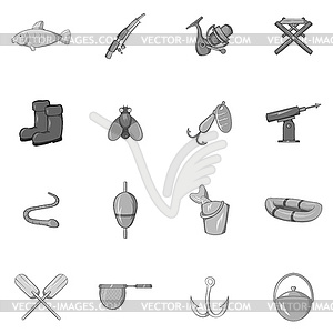 Fishing icons set, black monochrome style - vector clipart