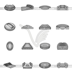 Sport stadium icons set, black monochrome style - vector clip art