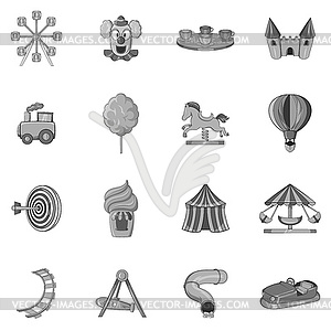 Amusement park icons set, black monochrome style - vector clip art