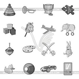 Childrens toys icons set, black monochrome style - vector clipart